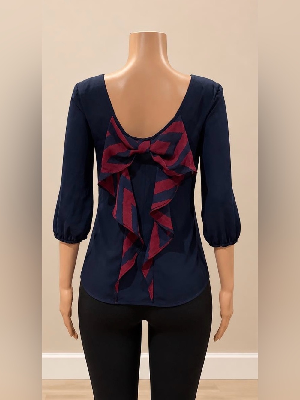 Charming Charlie Navy Chiffon Bow Back Open Scoop Back Blouse Top S NWOT